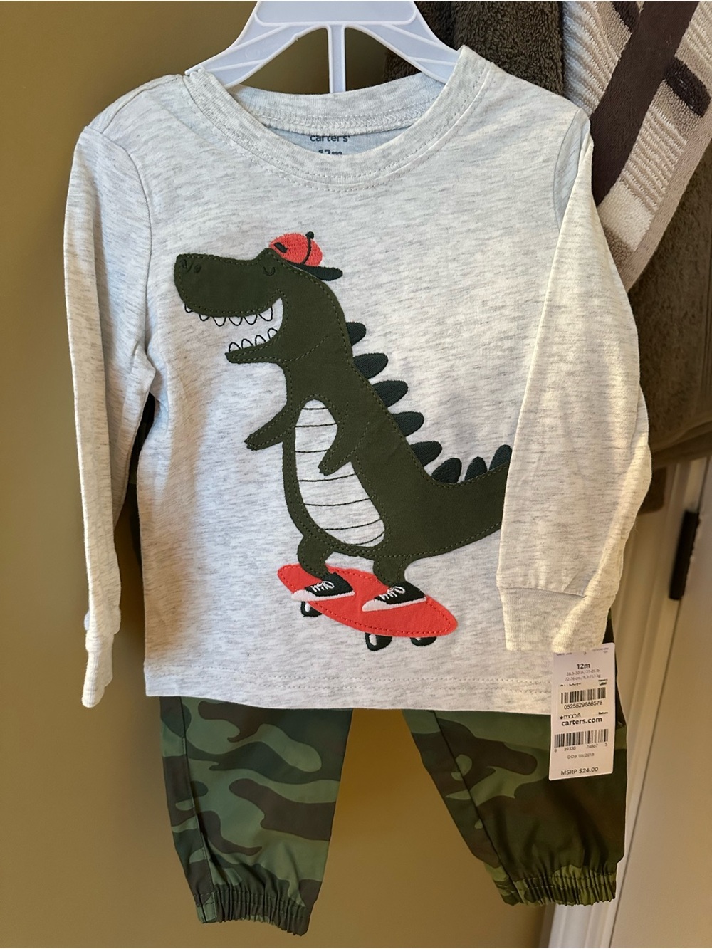Carter's Heather Gray Long Sleeve Top with Green Dinosaur and Camouflage Pants